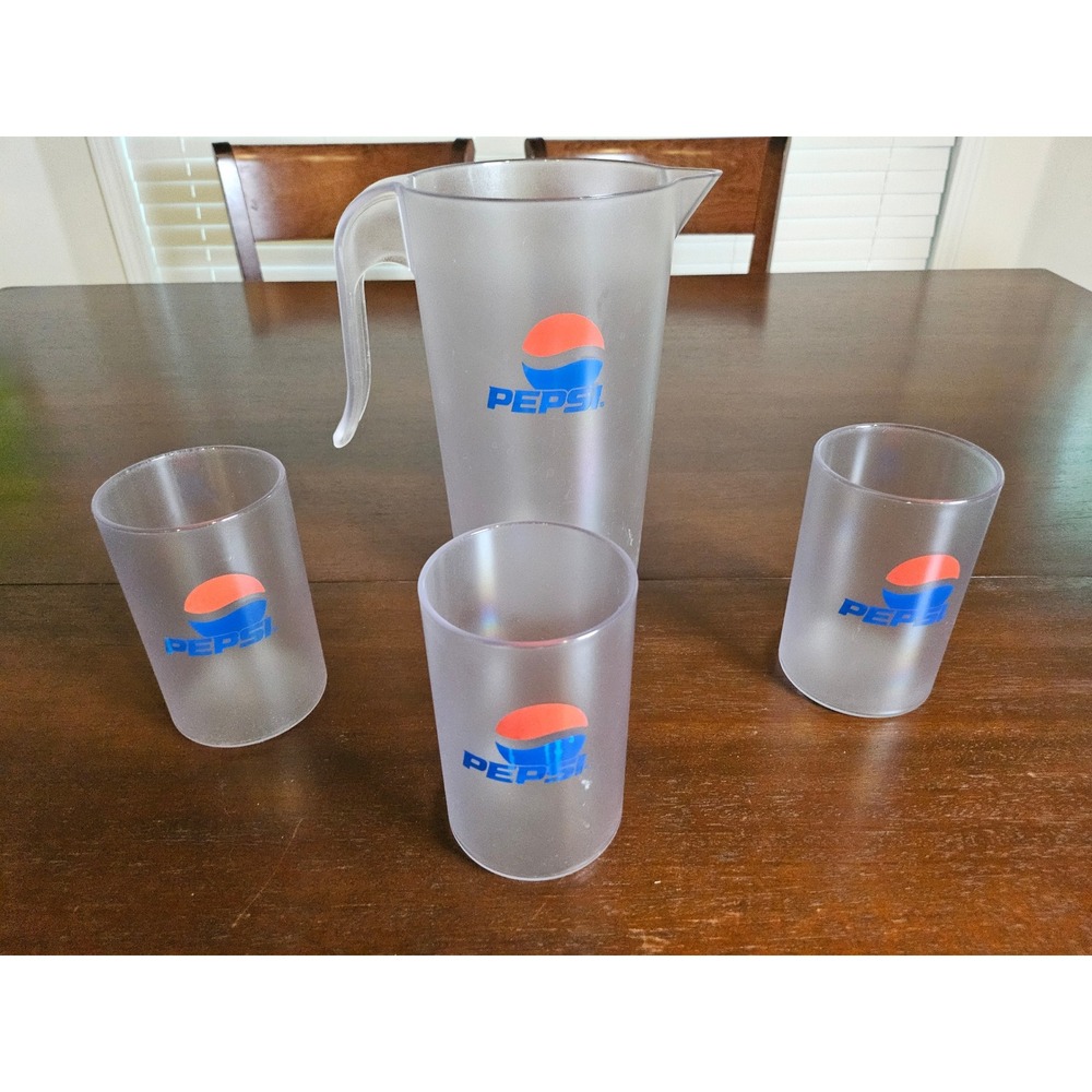 Pepsi Pitcher & Tumbler Set Clear Frosted Plastic Logo Drinkware 5 Piece